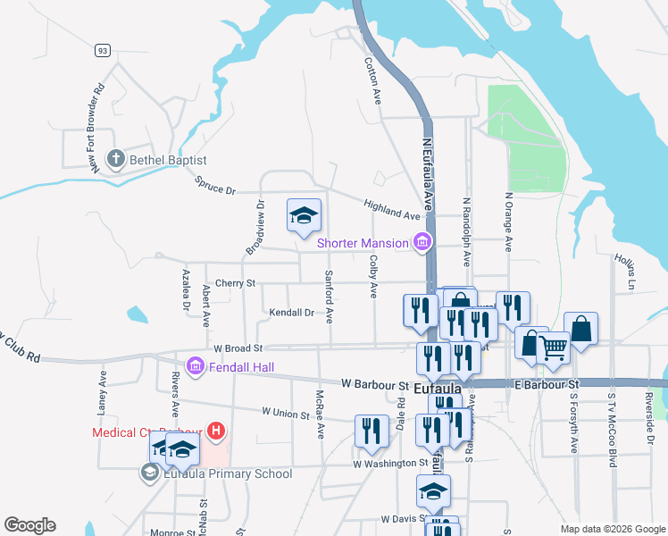 map of restaurants, bars, coffee shops, grocery stores, and more near 329 Sanford Avenue in Eufaula