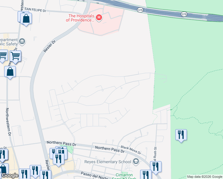 map of restaurants, bars, coffee shops, grocery stores, and more near Unnamed Road in El Paso