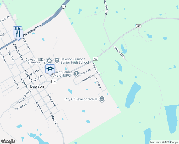 map of restaurants, bars, coffee shops, grocery stores, and more near 803 South East 2nd Street in Dawson