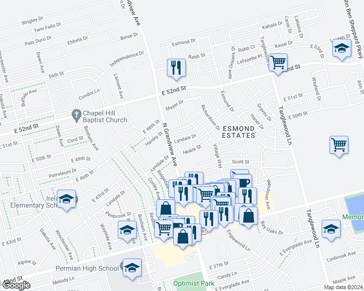 map of restaurants, bars, coffee shops, grocery stores, and more near 4408 Hinkle Street in Odessa