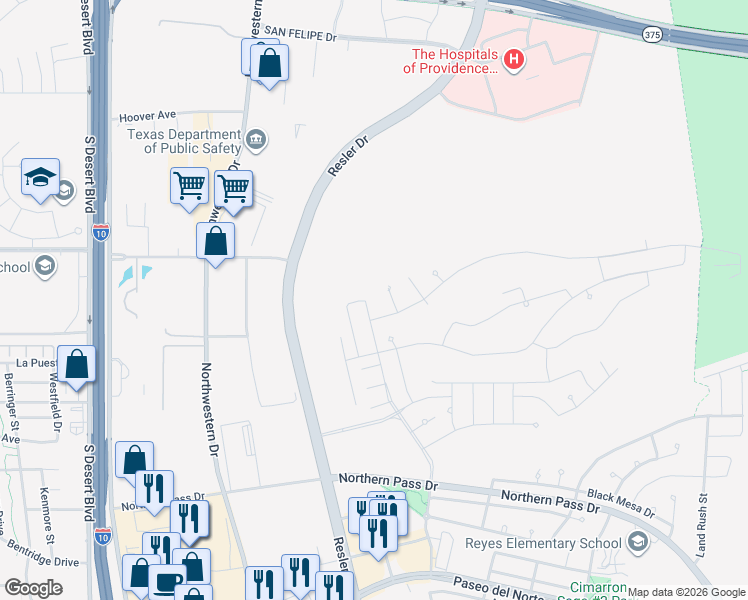 map of restaurants, bars, coffee shops, grocery stores, and more near Cimarron Park Drive in El Paso