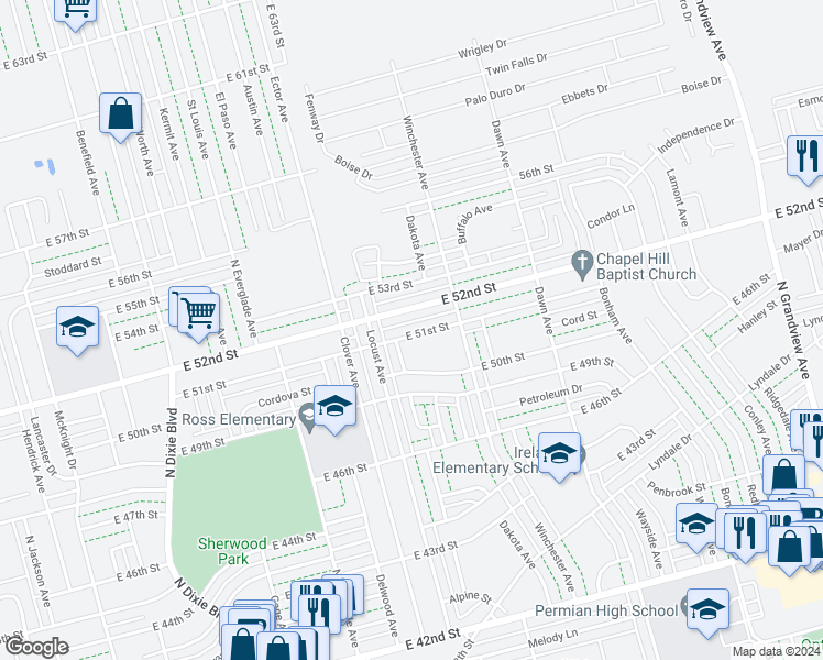 map of restaurants, bars, coffee shops, grocery stores, and more near 1527 East 51st Street in Odessa
