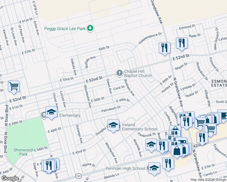 map of restaurants, bars, coffee shops, grocery stores, and more near 1801 East 50th Street in Odessa