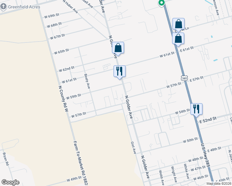 map of restaurants, bars, coffee shops, grocery stores, and more near 607 West 59th Street in Odessa