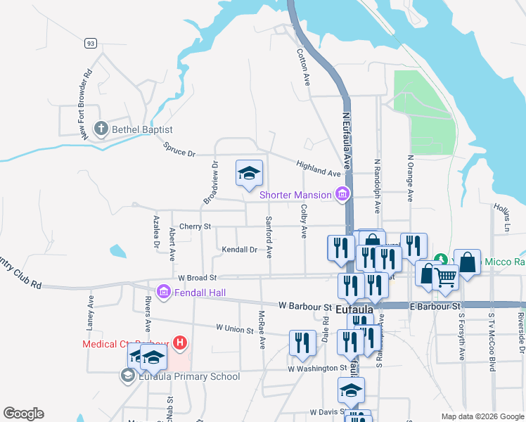 map of restaurants, bars, coffee shops, grocery stores, and more near 329 Sanford Avenue in Eufaula