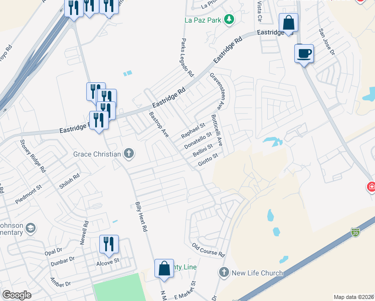 map of restaurants, bars, coffee shops, grocery stores, and more near Bellini Street in Odessa