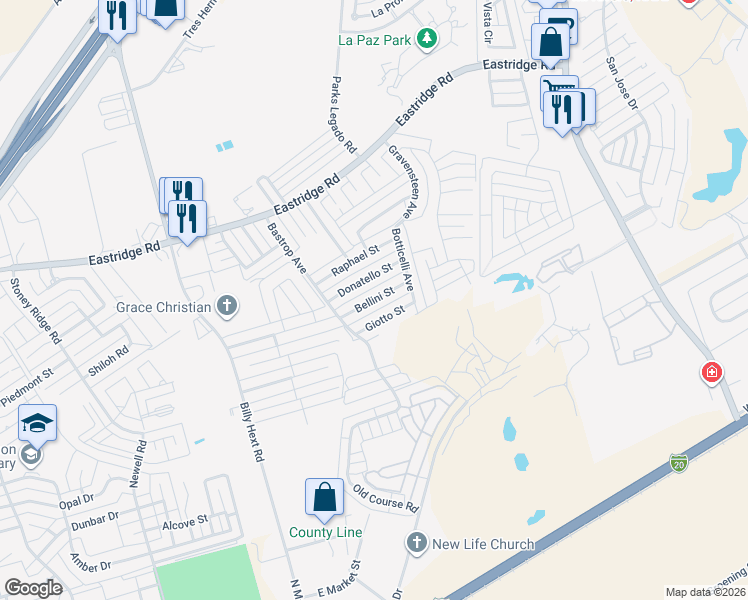 map of restaurants, bars, coffee shops, grocery stores, and more near Bellini Street in Odessa