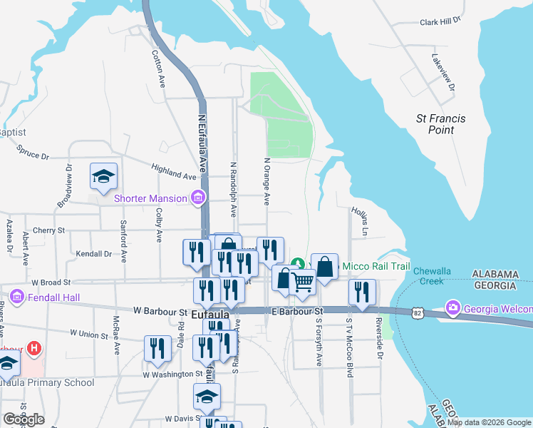 map of restaurants, bars, coffee shops, grocery stores, and more near 315 North Orange Avenue in Eufaula