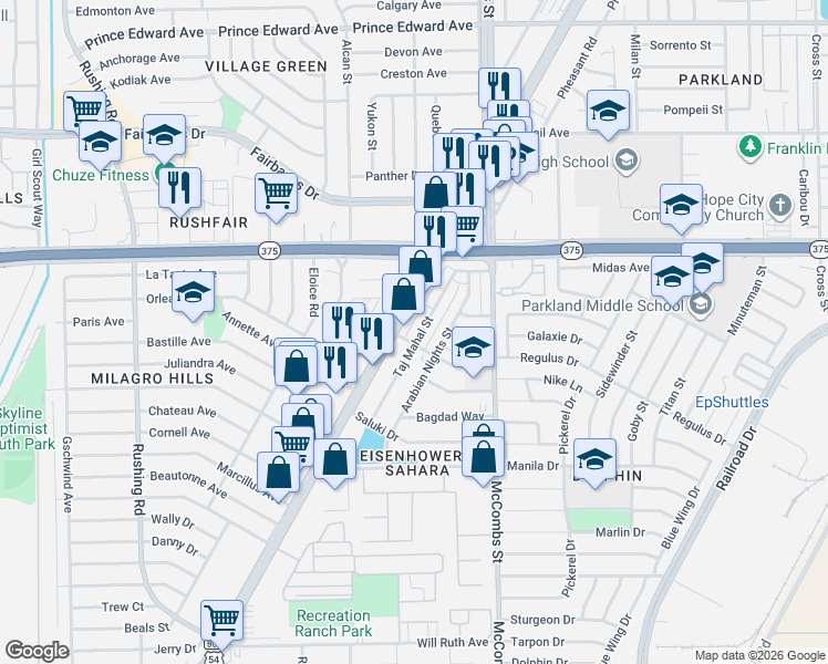 map of restaurants, bars, coffee shops, grocery stores, and more near 9897 Taj Mahal Street in El Paso