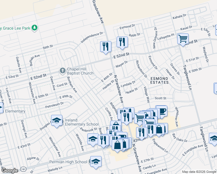 map of restaurants, bars, coffee shops, grocery stores, and more near 2130 Hanley Street in Odessa