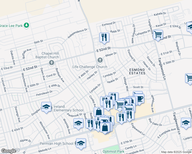 map of restaurants, bars, coffee shops, grocery stores, and more near 4401 North Grandview Avenue in Odessa