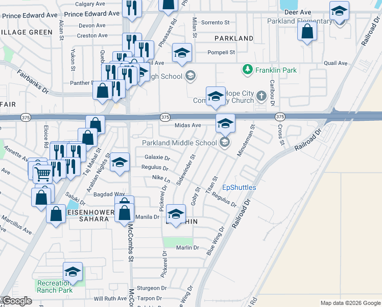 map of restaurants, bars, coffee shops, grocery stores, and more near 9913 Bomarc Street in El Paso