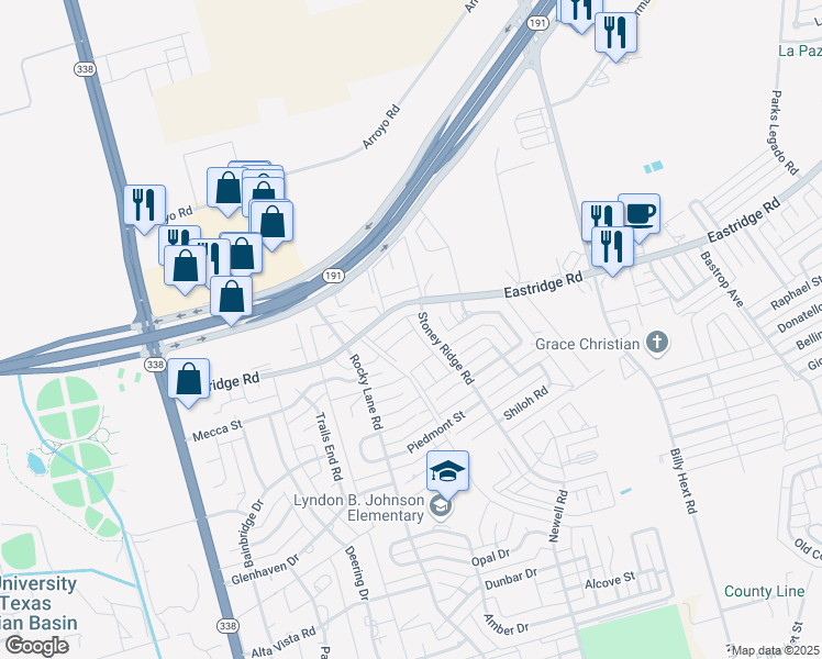 map of restaurants, bars, coffee shops, grocery stores, and more near 6500 Eastridge Road in Odessa