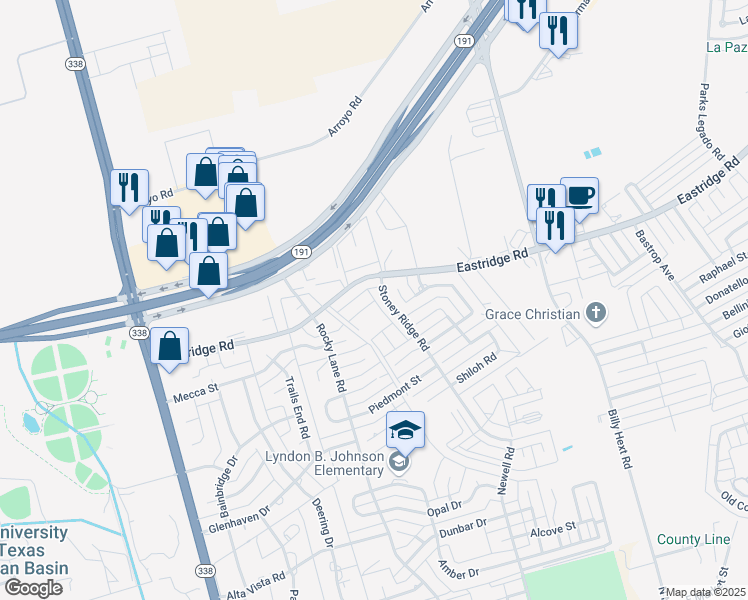 map of restaurants, bars, coffee shops, grocery stores, and more near 6500 Eastridge Road in Odessa