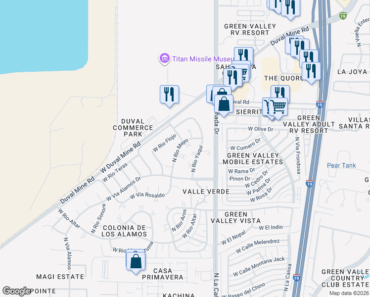 map of restaurants, bars, coffee shops, grocery stores, and more near 1751 North Rio Yaqui in Green Valley