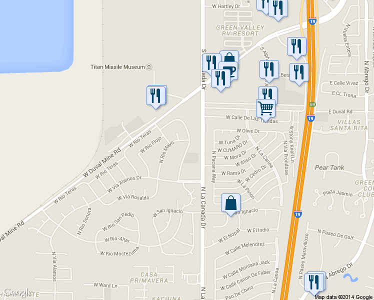 map of restaurants, bars, coffee shops, grocery stores, and more near 1750 North Rio Yaqui in Green Valley