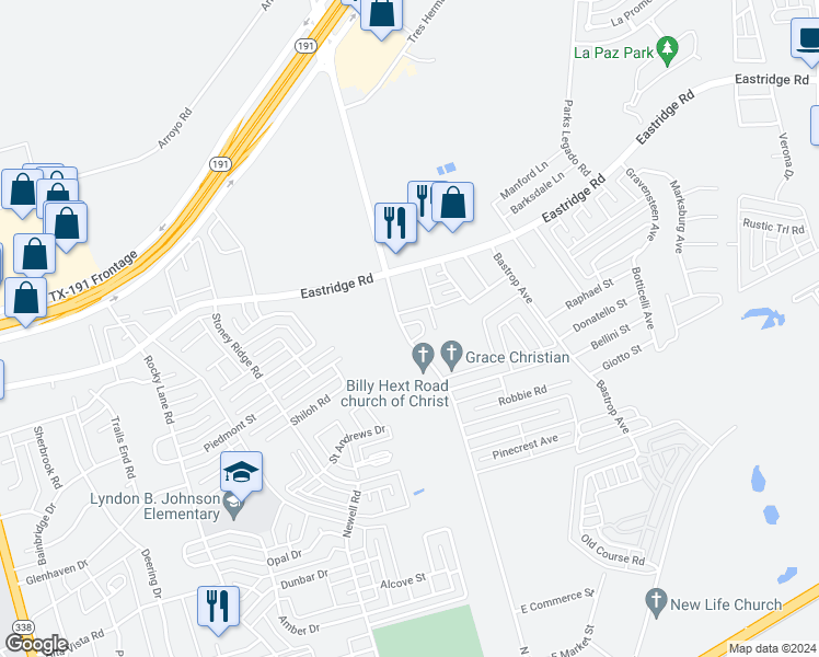 map of restaurants, bars, coffee shops, grocery stores, and more near 4 Old Lampasas Trail in Odessa