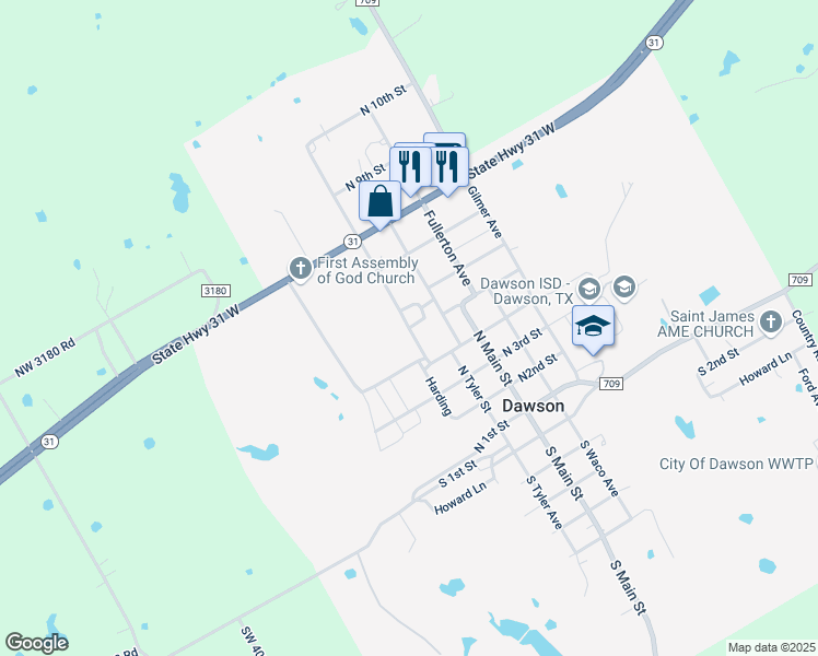 map of restaurants, bars, coffee shops, grocery stores, and more near 405 Smith Avenue in Dawson