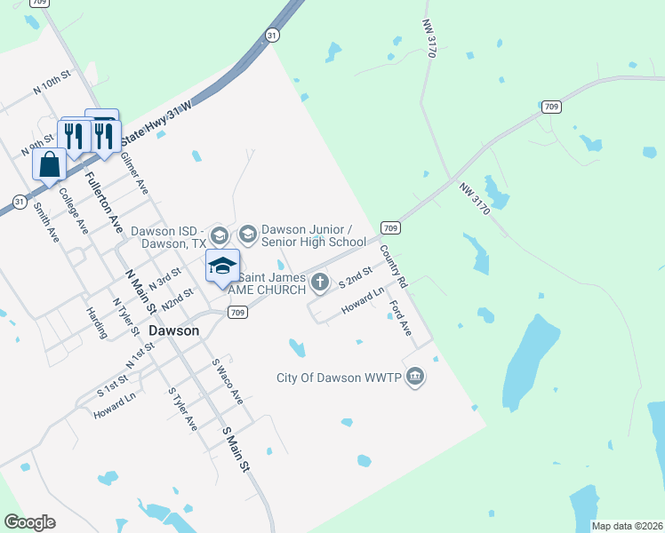 map of restaurants, bars, coffee shops, grocery stores, and more near 717 South 2nd Street in Dawson