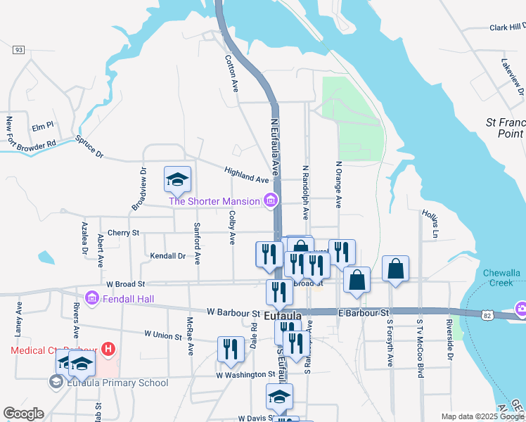 map of restaurants, bars, coffee shops, grocery stores, and more near 340 North Eufaula Avenue in Eufaula