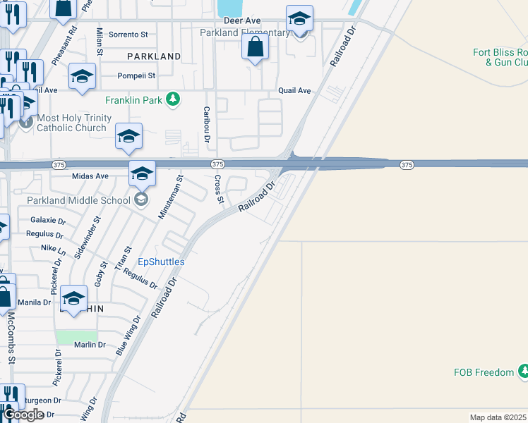 map of restaurants, bars, coffee shops, grocery stores, and more near 9924 Railroad Drive in El Paso