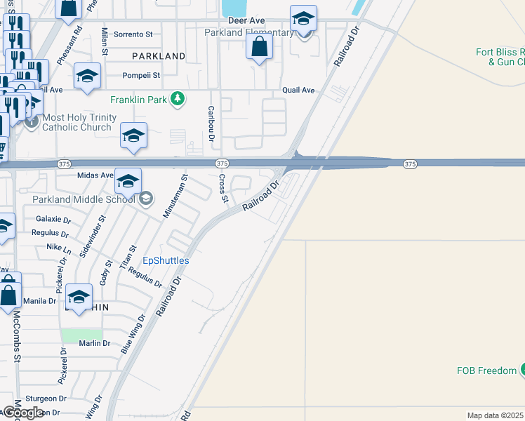 map of restaurants, bars, coffee shops, grocery stores, and more near 9924 Railroad Drive in El Paso