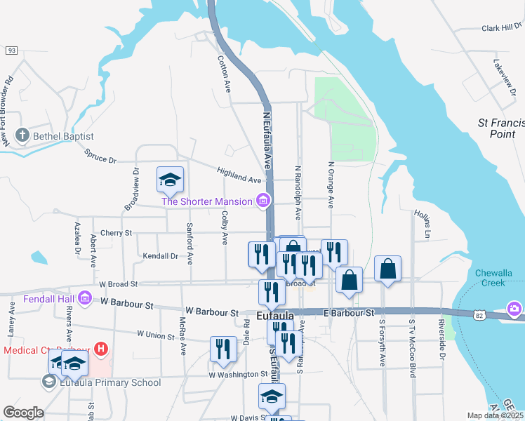 map of restaurants, bars, coffee shops, grocery stores, and more near 340 North Eufaula Avenue in Eufaula