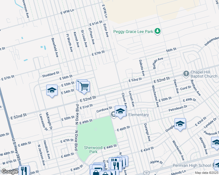 map of restaurants, bars, coffee shops, grocery stores, and more near 1504 East 53rd Street in Odessa