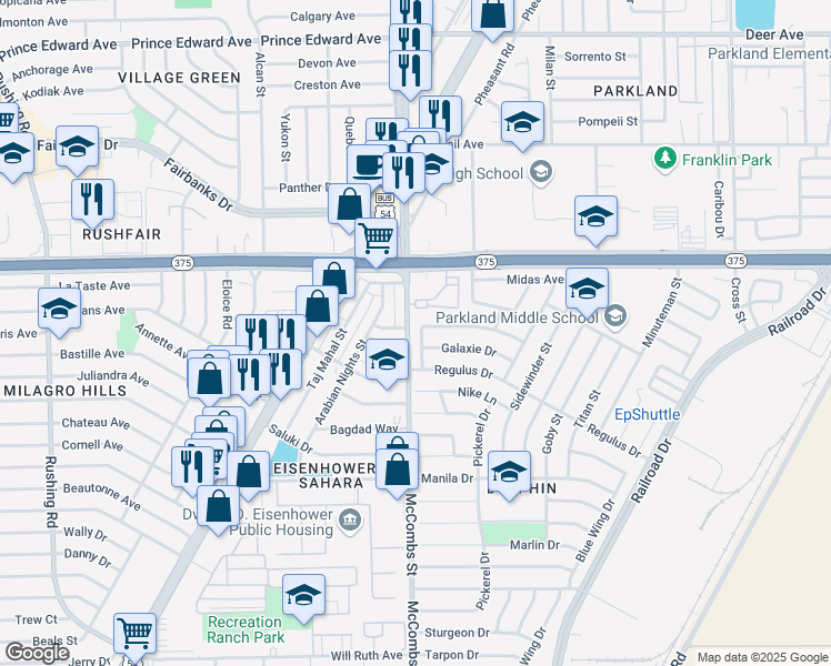 map of restaurants, bars, coffee shops, grocery stores, and more near 9921 Agena Lane in El Paso