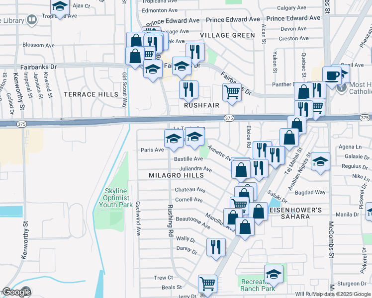 map of restaurants, bars, coffee shops, grocery stores, and more near 5225 Orleans Avenue in El Paso