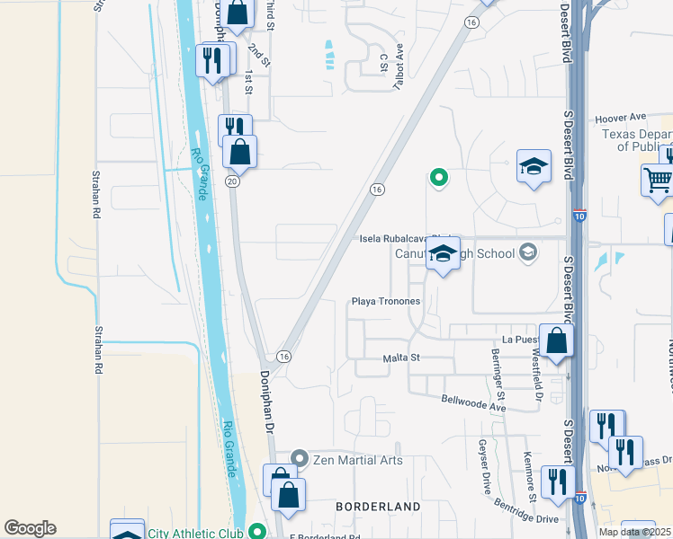 map of restaurants, bars, coffee shops, grocery stores, and more near State Highway Spur 16 in El Paso