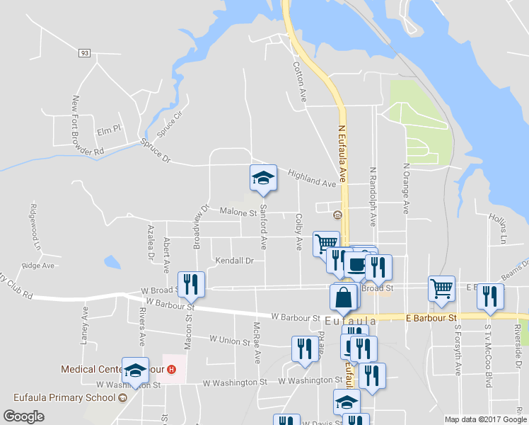 map of restaurants, bars, coffee shops, grocery stores, and more near Malone Street in Eufaula