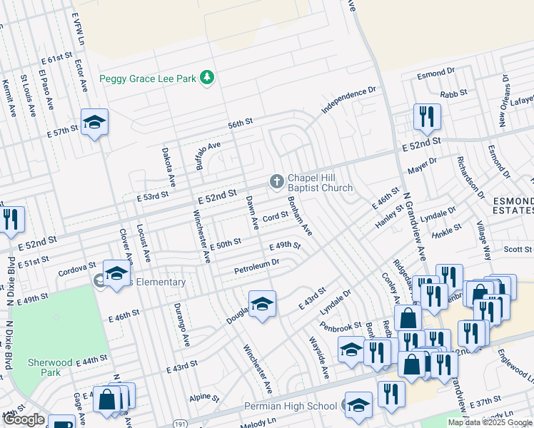 map of restaurants, bars, coffee shops, grocery stores, and more near 1813 East 51st Street in Odessa