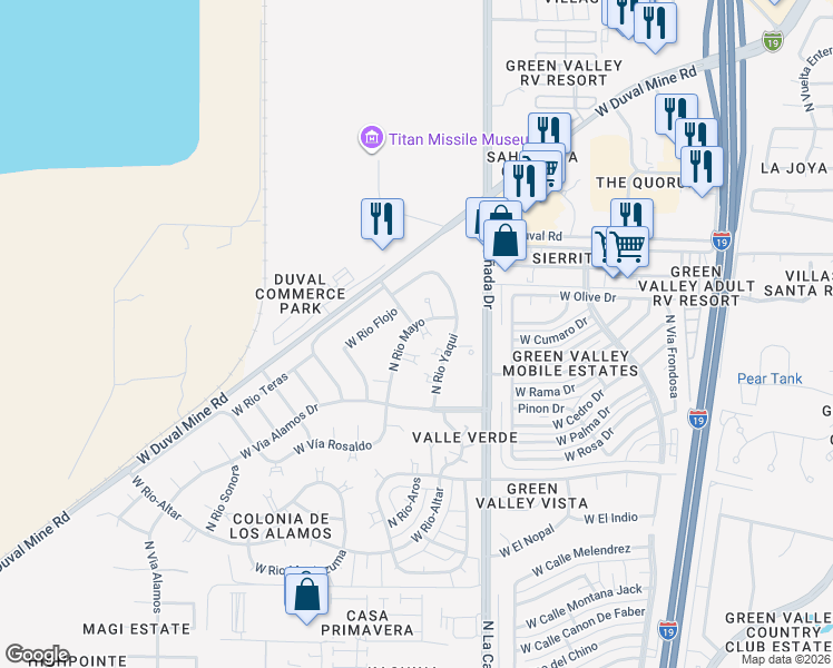 map of restaurants, bars, coffee shops, grocery stores, and more near 1861 North Vía Carrizal in Green Valley