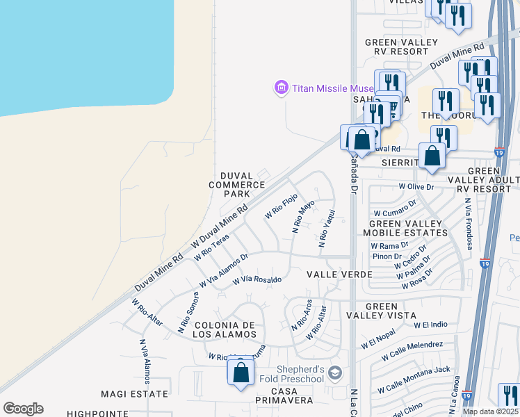 map of restaurants, bars, coffee shops, grocery stores, and more near 531 West Rio Teras in Green Valley