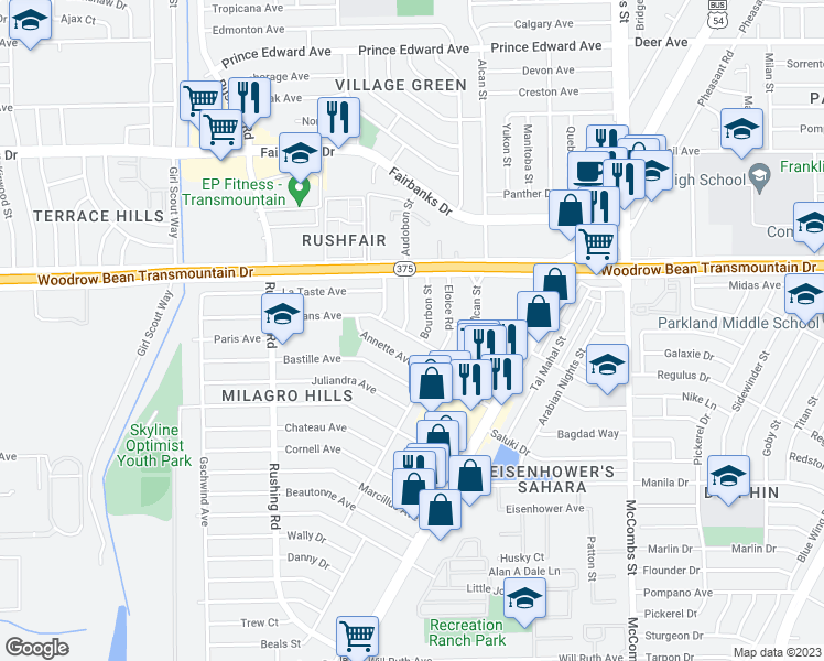 map of restaurants, bars, coffee shops, grocery stores, and more near 9900 Audobon Street in El Paso