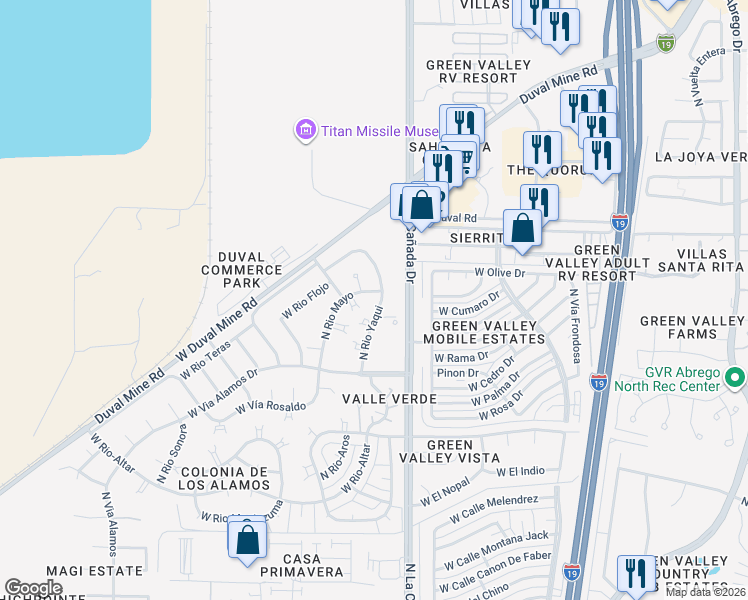map of restaurants, bars, coffee shops, grocery stores, and more near 1861 North Vía Carrizal in Green Valley