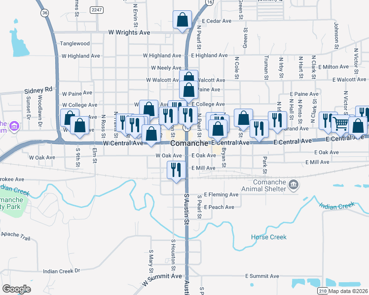 map of restaurants, bars, coffee shops, grocery stores, and more near in Comanche