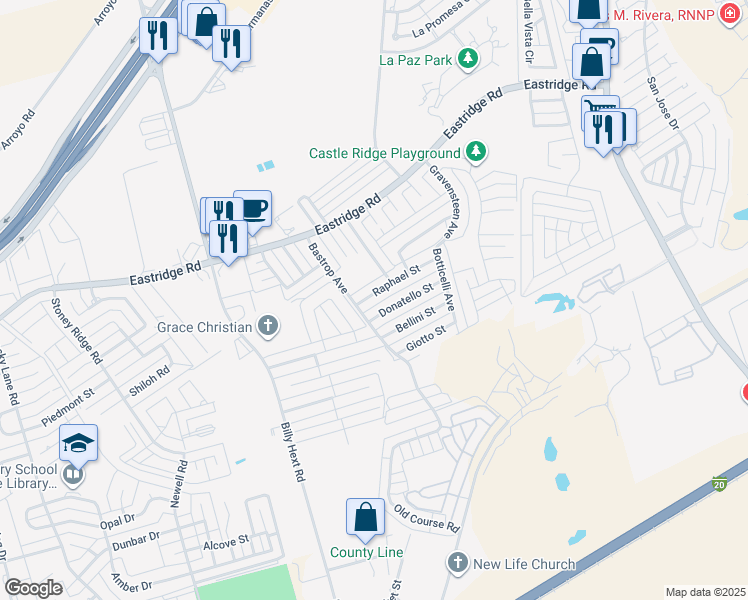 map of restaurants, bars, coffee shops, grocery stores, and more near Bastrop Avenue in Odessa