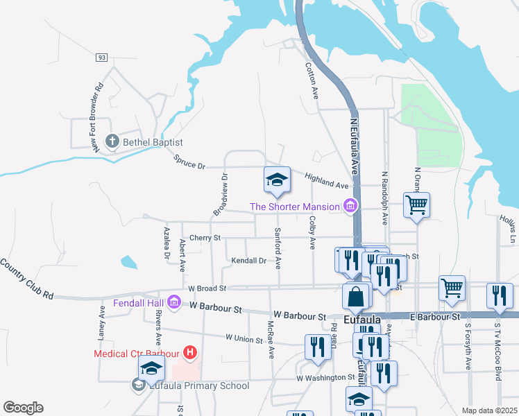 map of restaurants, bars, coffee shops, grocery stores, and more near 422 Sanford Avenue in Eufaula