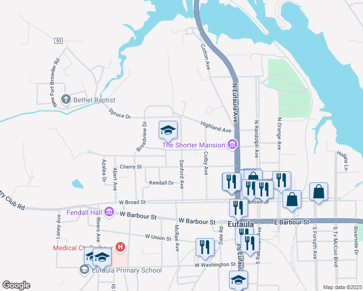 map of restaurants, bars, coffee shops, grocery stores, and more near 420 Sanford Avenue in Eufaula