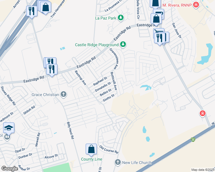 map of restaurants, bars, coffee shops, grocery stores, and more near 7224 Donatello Street in Odessa