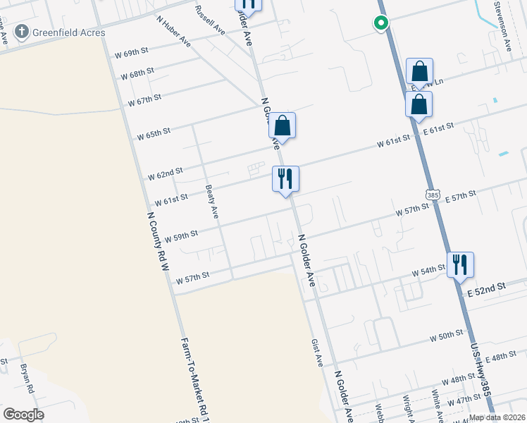 map of restaurants, bars, coffee shops, grocery stores, and more near 711 West 59th Street in Odessa