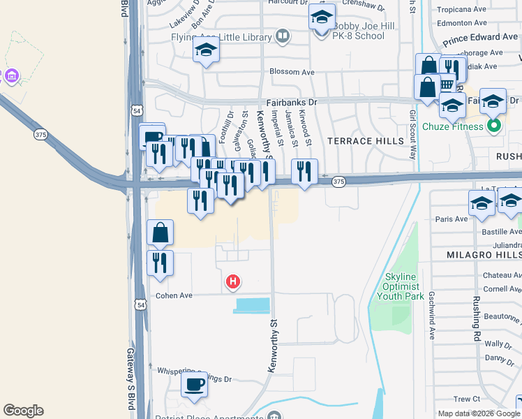 map of restaurants, bars, coffee shops, grocery stores, and more near 9999 Kenworthy Street in El Paso