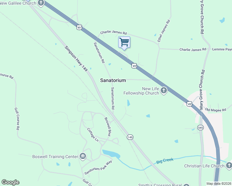 map of restaurants, bars, coffee shops, grocery stores, and more near 132 Sanatorium Road in Mendenhall