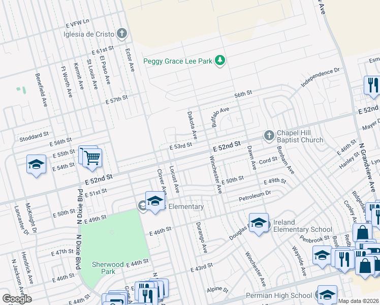 map of restaurants, bars, coffee shops, grocery stores, and more near 1720 East 53rd Street in Odessa