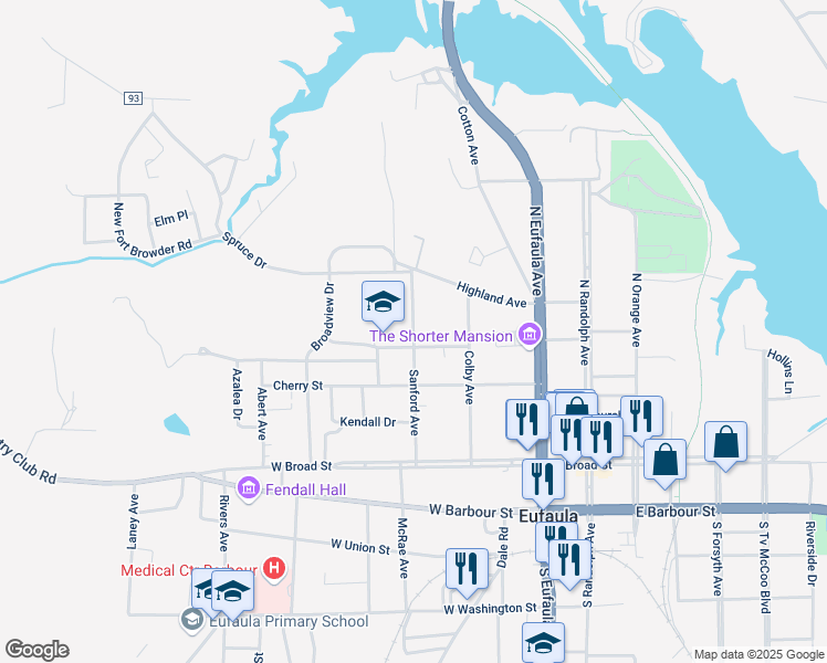 map of restaurants, bars, coffee shops, grocery stores, and more near 420 Sanford Avenue in Eufaula
