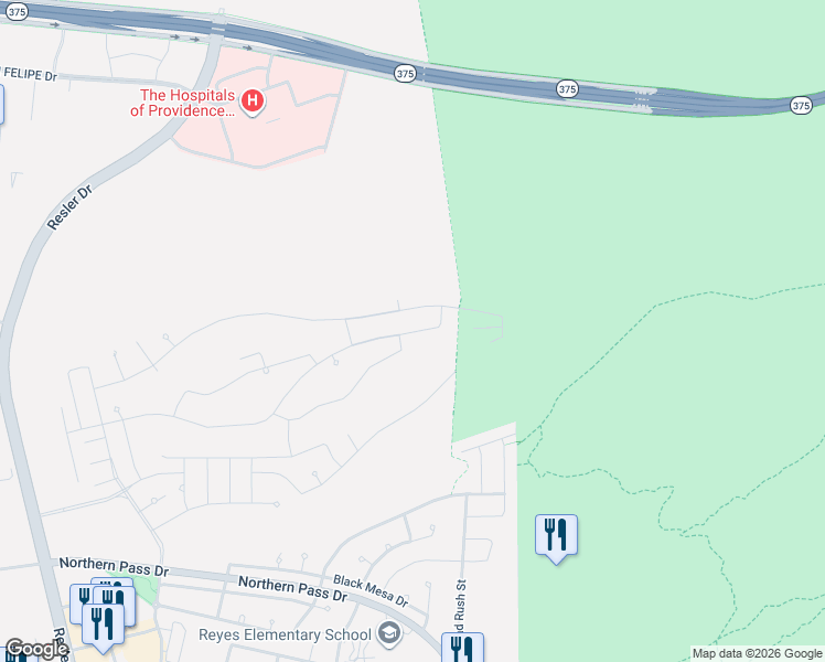 map of restaurants, bars, coffee shops, grocery stores, and more near Unnamed Road in El Paso