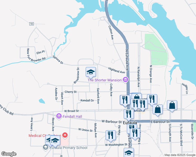 map of restaurants, bars, coffee shops, grocery stores, and more near 422 Sanford Avenue in Eufaula