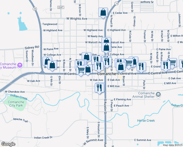 map of restaurants, bars, coffee shops, grocery stores, and more near 317 West Central Avenue in Comanche